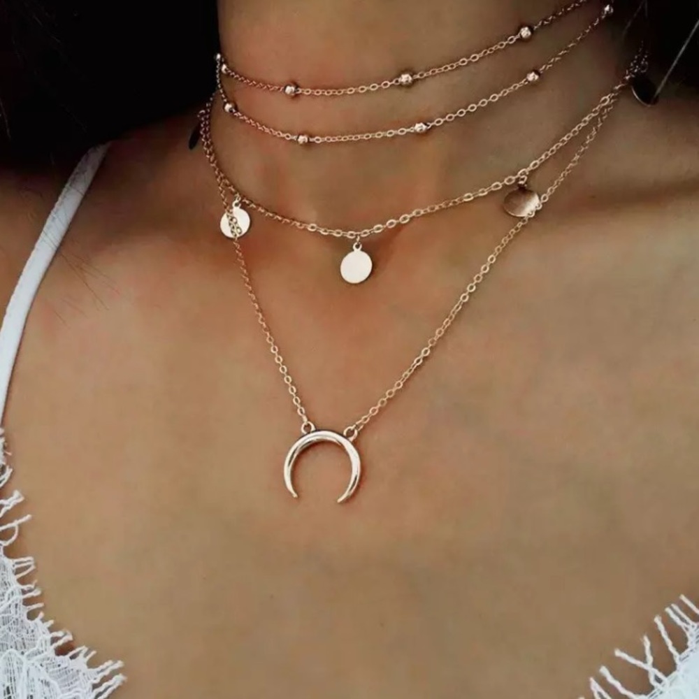 🎉 New Crescent Moon Gold Plated Layered Choker Necklace